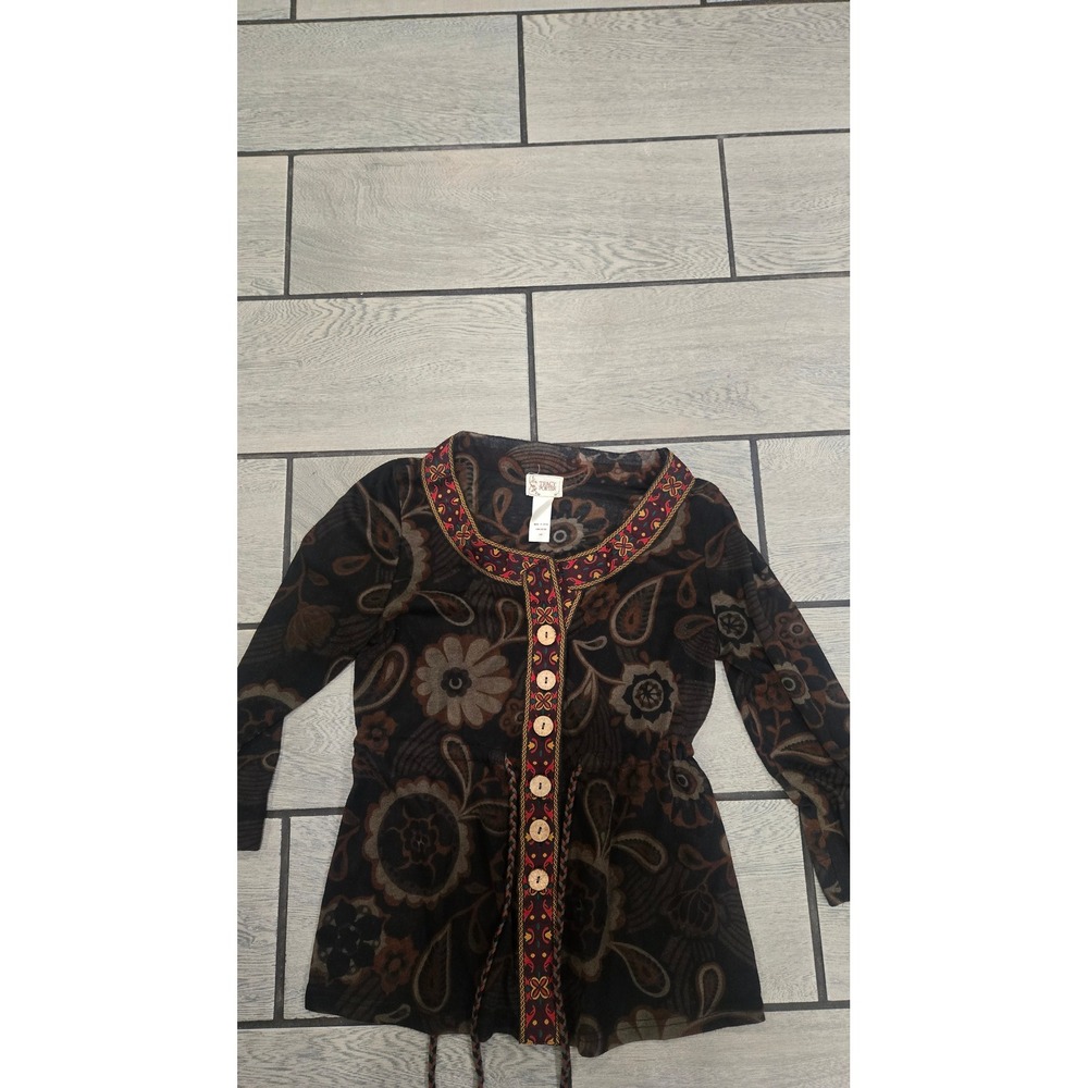 Tracy Evans Brown Floral Paisley Mesh Cardigan Top Embroidered Trim Medium